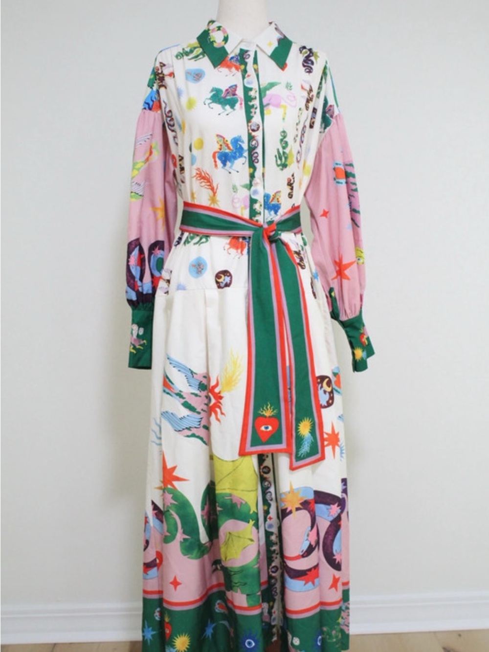Printed Button-Front Maxi Shirt Dress with Contrast Tie Belt